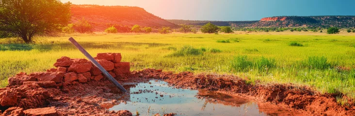 serene landscape featuring small water pool surrounded by red earth and scattered rocks, with lush green grass and distant hills bright sky. scene evokes sense of tranquility and natural beauty