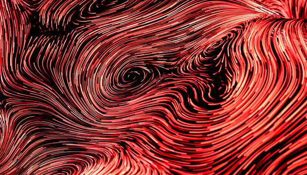 Abstract red and black swirling lines creating a dynamic and mesmerizing pattern. 3D rendering