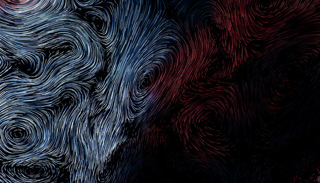 Swirling abstract pattern with blue and red brushstroke textures creating dynamic movement. 3D rendering