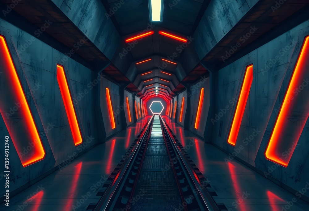 Aufkleber futuristic corridor. geometric design shines. concrete walls highlighted with glowing orange triangl