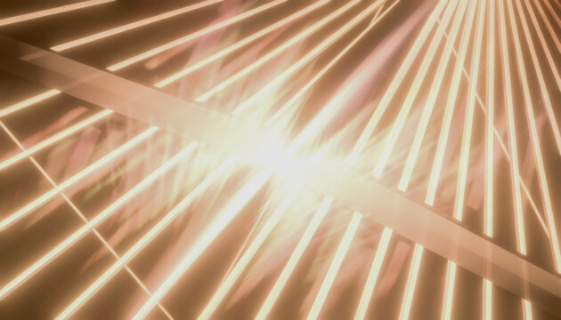 Bright, abstract light streaks radiate from a central point in a dynamic, geometric pattern. 3D rendering