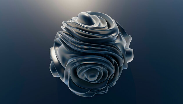Abstract 3D metallic sphere with swirling textures against a dark gradient background. 3D rendering