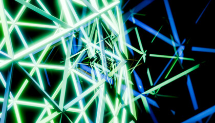 Neon green and blue abstract geometric shapes form a tunnel on a black background. Blender illustration