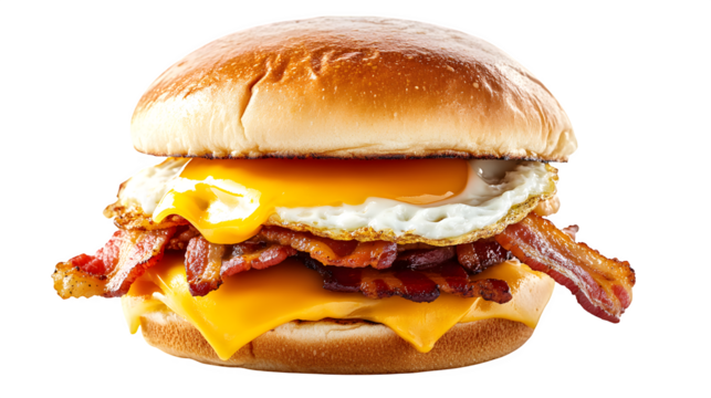 Hearty breakfast sandwich stacked with bacon, melted cheese, and fried egg,