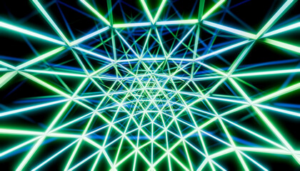 Neon green and blue geometric tunnel with intersecting glowing lines. Blender illustration