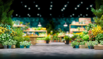 Obraz premium vibrant indoor garden center filled with various plants, flowers, and greenery. Shelves display colorful pots and gardening supplies, creating lively atmosphere for plant enthusiasts