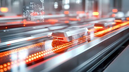 A futuristic scene depicting sleek trains gliding along illuminated tracks, showcasing advanced technology and design in transportation.