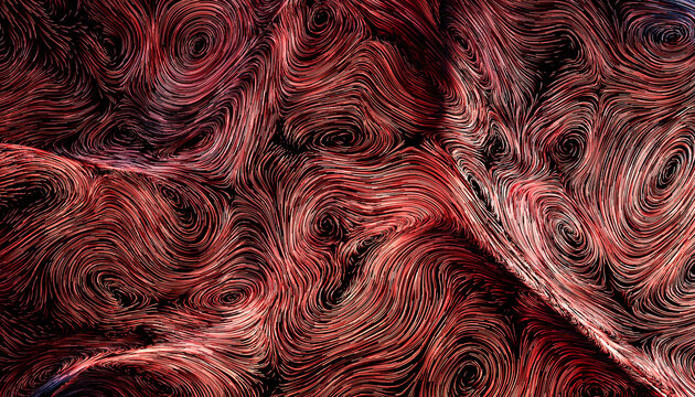 Swirling red abstract pattern with intricate, flowing lines and textured depth. 3D rendering