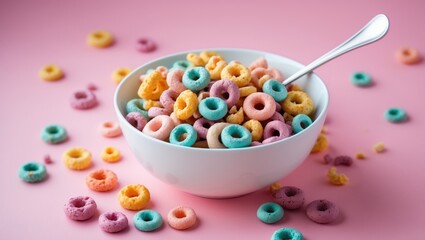 Colorful breakfast cereal in a white dish with a spoon on a plain white surface