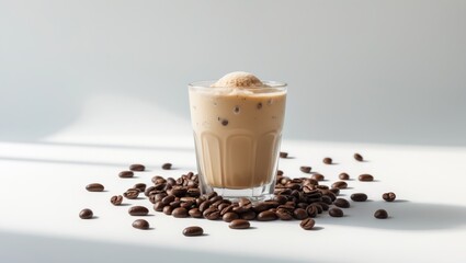 Espresso ice coffee and coffee beans scattered on a white background with an isolated theme.
