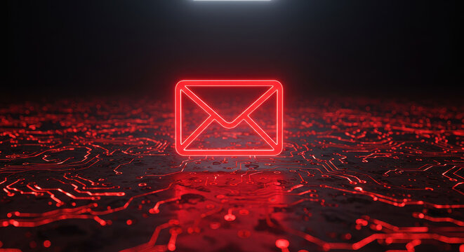  Red Email Cyber Attack: Neon Mail Icon on Circuit Board. Hacking, Data Breach Alert, Virus Warning, Security Threat Illustration. - Powered by Adobe