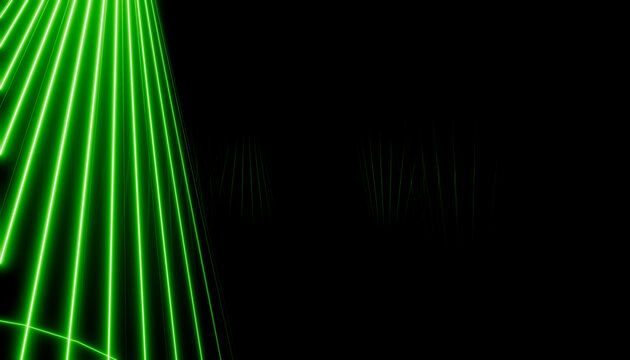 Neon green laser beams radiating across a dark black background. Blender 3D illustration