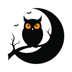 Silhouetted Owl On Crescent Moon Branch Under Starry Night Sky
