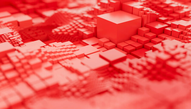 Abstract red 3D blocks of various sizes creating a digital terrain landscape. Blender 3D illustration