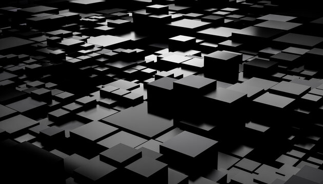 Fototapeta Abstract 3D black cubes creating a geometric, modern pattern with light and shadow contrasts. Blender 3D illustration