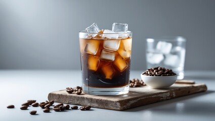 Chilled Coffee, Cold Brew Coffee with Ice on Light Grey Background, Invigorating Drink