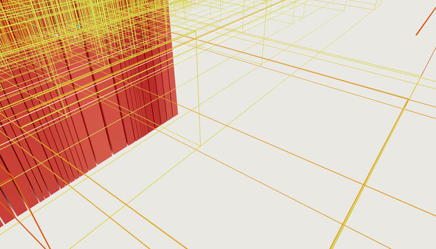 Red and yellow abstract lines and shapes creating a geometric pattern on a light background. Blender 3D illustration