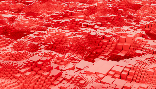 Abstract landscape of red 3D cubes forming a geometric terrain. Blender 3D illustration