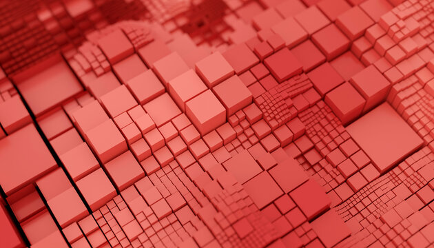 Abstract 3D red cubes forming a complex geometric pattern with depth and texture. Blender 3D illustration