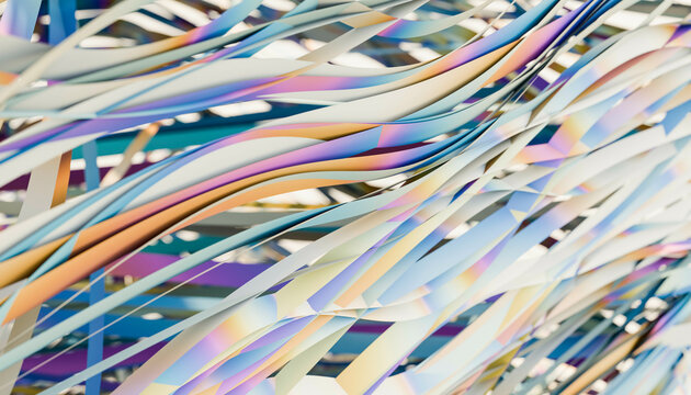 Colorful abstract waves of layered paper in a dynamic flowing pattern. Blender 3D illustration
