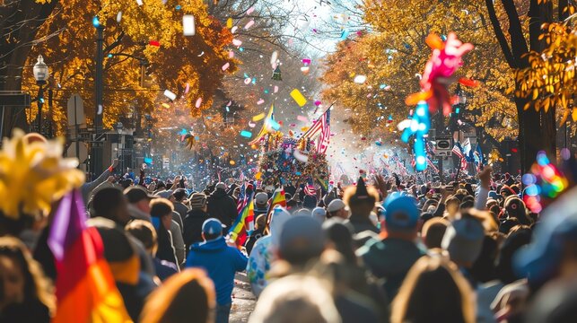 Crowds of people line the streets to watch a parade. The parade is filled with colorful floats, marching bands, and people dressed in costumes.