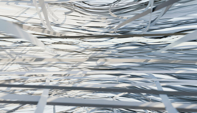 Abstract layers of intertwined white and gray ribbons creating a dynamic, flowing pattern. Blender 3D illustration
