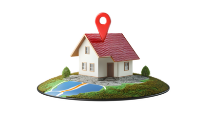 House icon on a map pin, floating land plot beneath,
