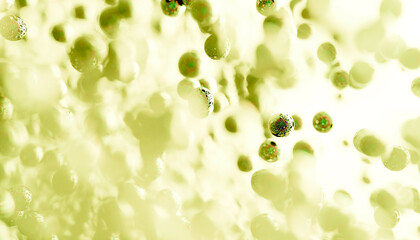 Green bubbles floating in a bright fluid, creating a vibrant abstract pattern. Blender 3D illustration