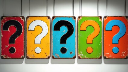 Five antique tin signs set on a white background - Question mark