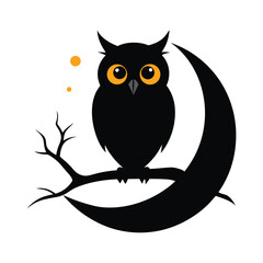 Fototapeta premium Silhouetted Owl On Crescent Moon Branch Under Starry Night Sky