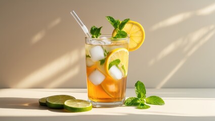 Fototapeta premium Tall glasses of iced tea garnished with lemon and fresh mint leaves.