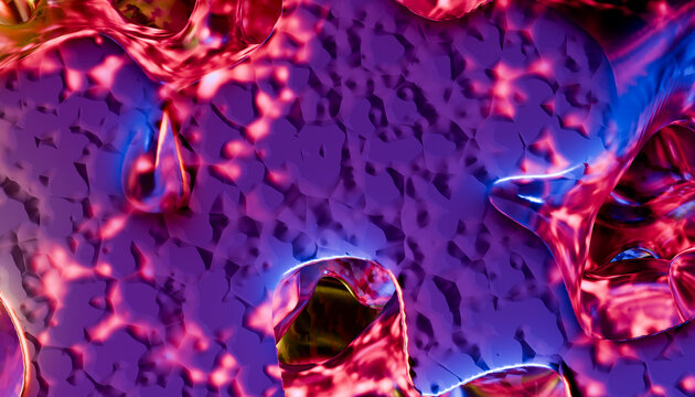 Abstract vibrant pattern with swirling red and purple textures, creating a fluid, organic design. Blender 3D illustration