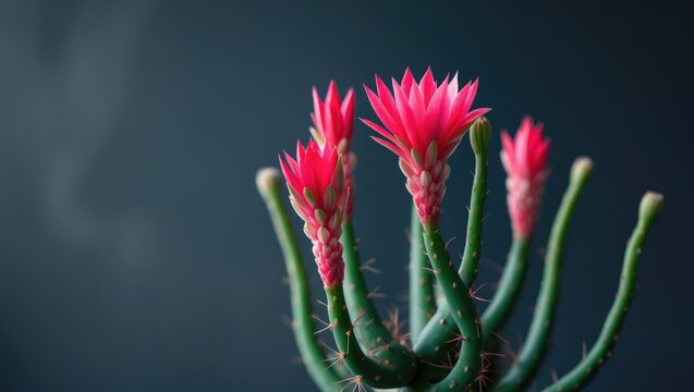 Pink Zygocactus flower buds and leaves set against a dark backdrop.