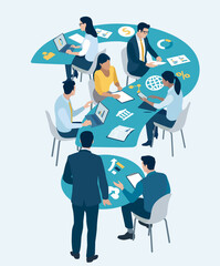 Doubts, uncertainty. Teamwork. The team is sitting around a question mark. Business vector illustration