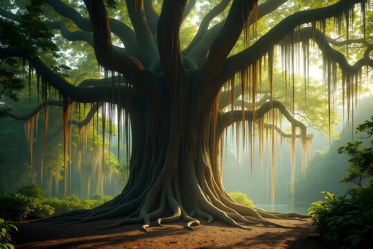 An ancient banyan tree stands majestically, its aerial roots cascading down like curtains of light, creating a tranquil and enchanting natural scene