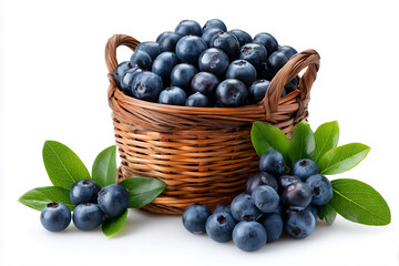 Freshly picked blueberries in a woven basket with green leaves on a white background