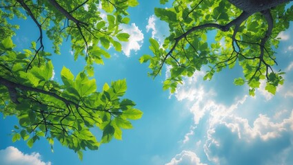 Gazing at trees and the azure sky. A beautiful bright cloud during the day. The tree branch boasts vibrant green leaves, offering a refreshing sight in summer.