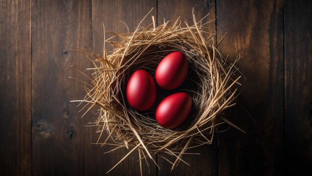 Selective focus image of a nest with colored deep red Easter eggs, background view. Happy Easter card