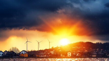 Fototapeta premium stunning sunset illuminates landscape with dark clouds and rain, featuring wind turbines and quaint village by water. scene evokes sense of tranquility amidst nature drama
