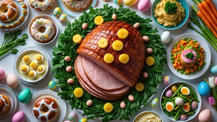 Fototapeta premium Easter ham dinner tradition. Top-down view of table display on a banner background. Ham, scalloped potatoes, eggs, hot cross buns, carrot cake, and vegetables.