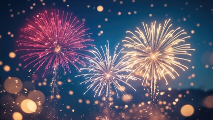 Fototapeta premium Bright fireworks against a bokeh background with room for messaging for celebrations, Abstract festive backdrop