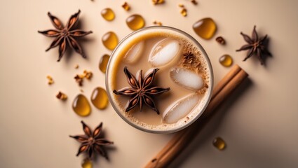 Iced Vanilla Chai Latte coffee drink in close-up. Food illustration for promotional purposes