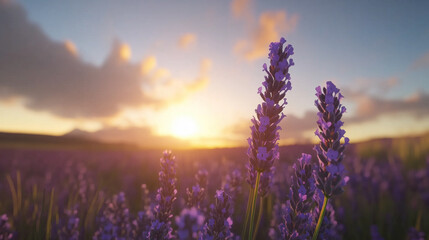 Obraz premium Sunset Over Lavender Field, Casting Shadows on Purple Flowers