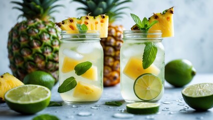 Fototapeta premium Pineapple, lime, and mint infused detox water. Chilled summer cocktail or lemonade served in a jar