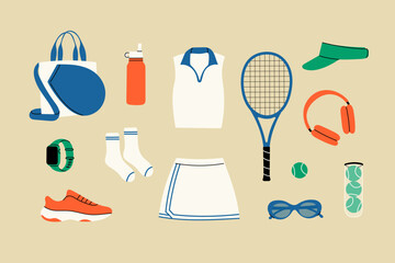 Tennis equipment and outfit set &ndash; flat vector illustration of tennis clothes, racket, balls, shoes, bag, visor, smart watch, headphones, sportswear and accessories for female athlete or training.