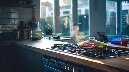 Obraz premium Cozy kitchen scene with steaming vegetables on the stove, sunlight streaming through windows, plants nearby