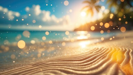 Abstract defocused view of a summer vacation beach with rays of sunlight and blue sky.