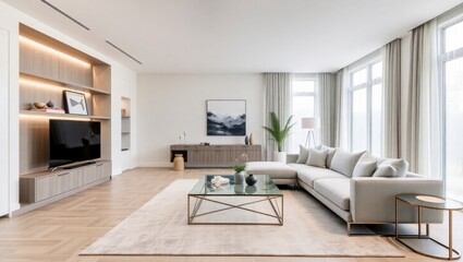 Contemporary living room featuring a comfortable couch and modern television, perfectly designed for leisure activities and family gatherings in a bright and inviting space