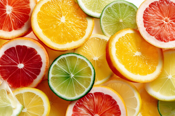 Fototapeta premium Colorful assortment of sliced citrus fruits displayed on a light background