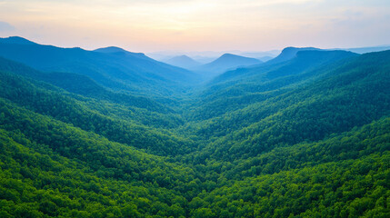 breathtaking view of lush green valley surrounded by mountains, showcasing beauty of nature during sunrise. vibrant foliage and rolling hills create serene atmosphere
